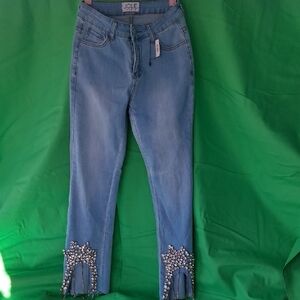 Jolie Light Blue Cropped Jeans with Rhinestone Hem